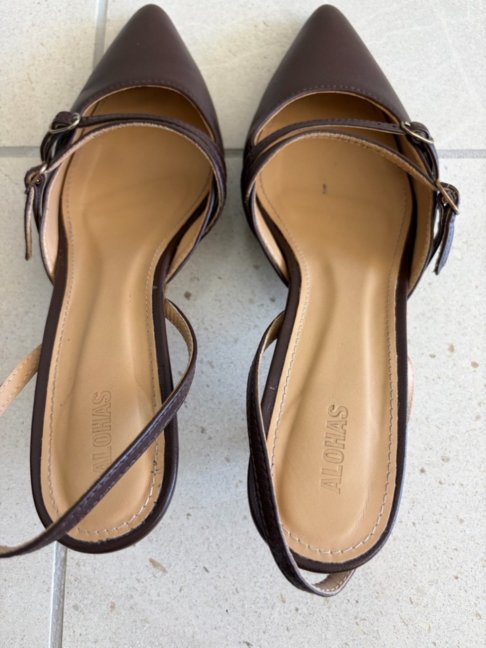 ALOHAS Dark Brown Pointed Slingback Heels - Picture 4 of 5